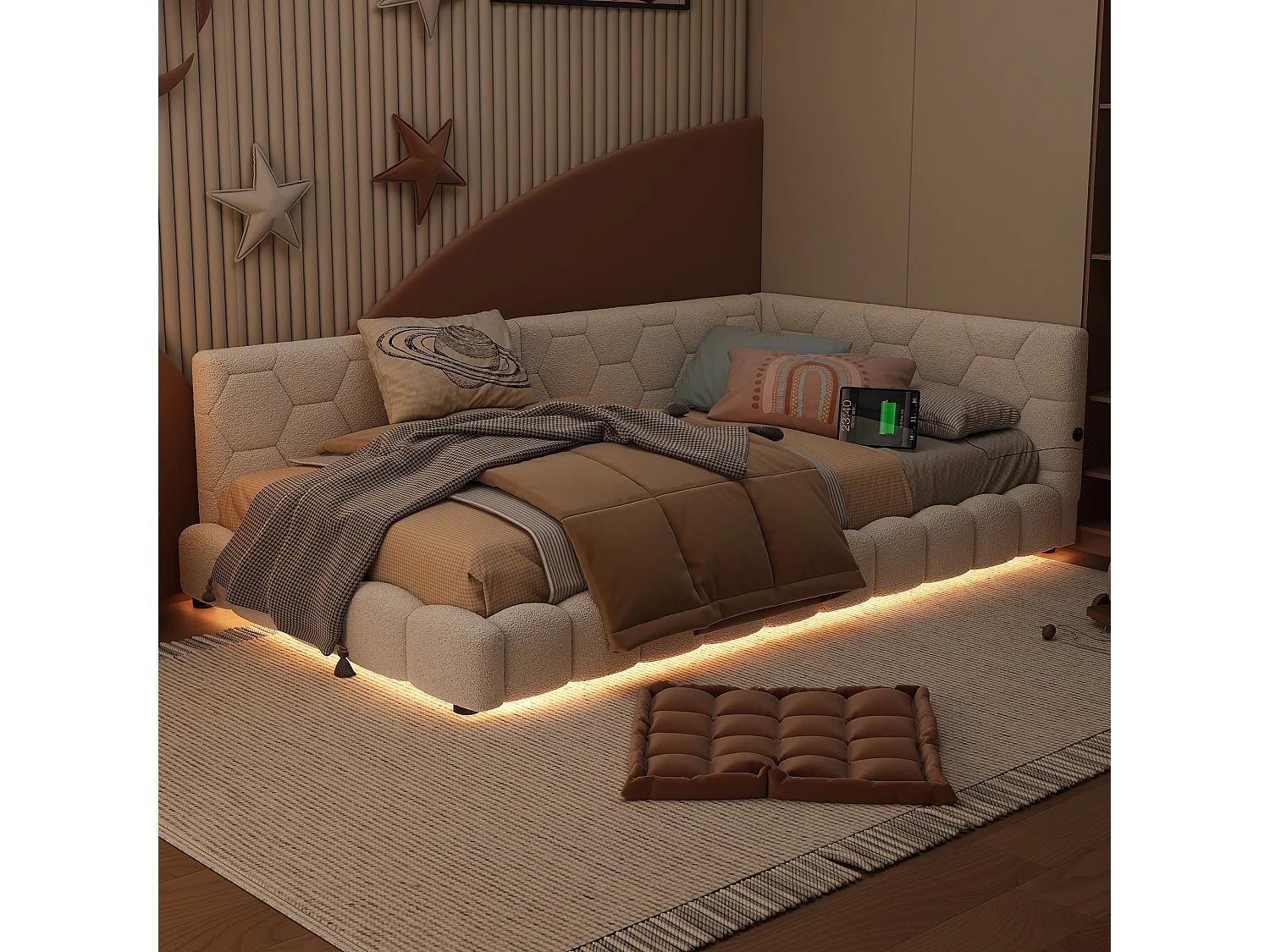 Kinderbed 90x200 cm - Tienerbed met LED-verlichting en USB-oplader - lattenbodem - wit pluche