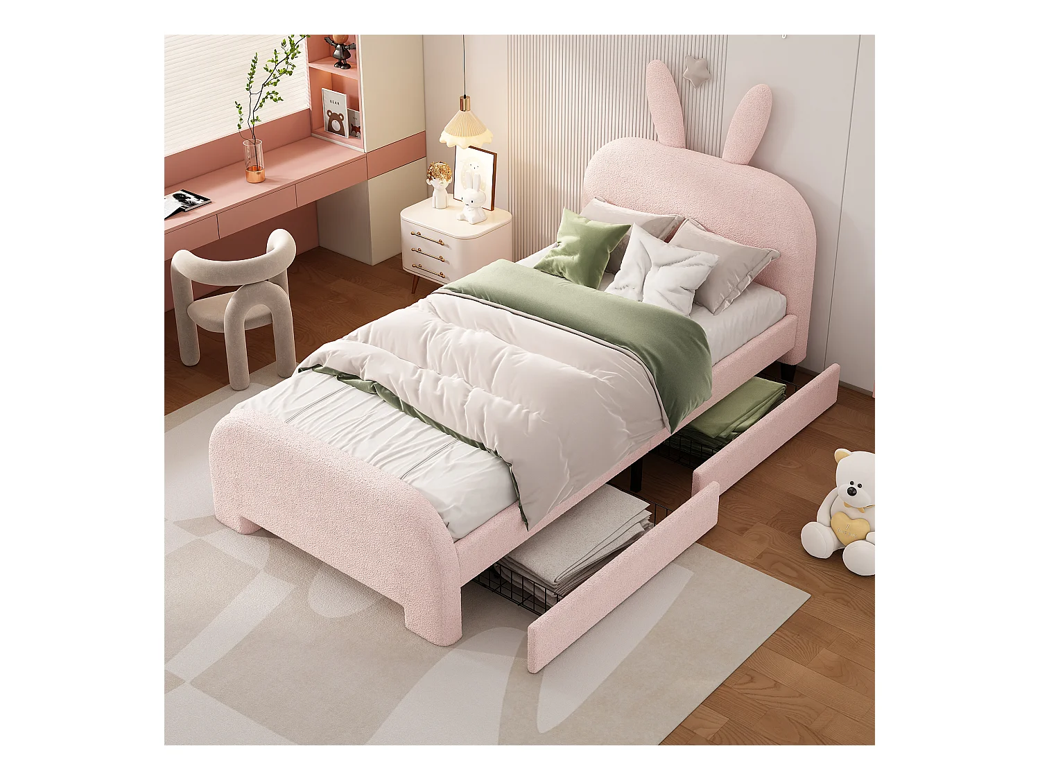 Letto imbottito 90x200 cm - Letto per bambini con 2 cassetti contenitore - testiera cartoon - peluche rosa
