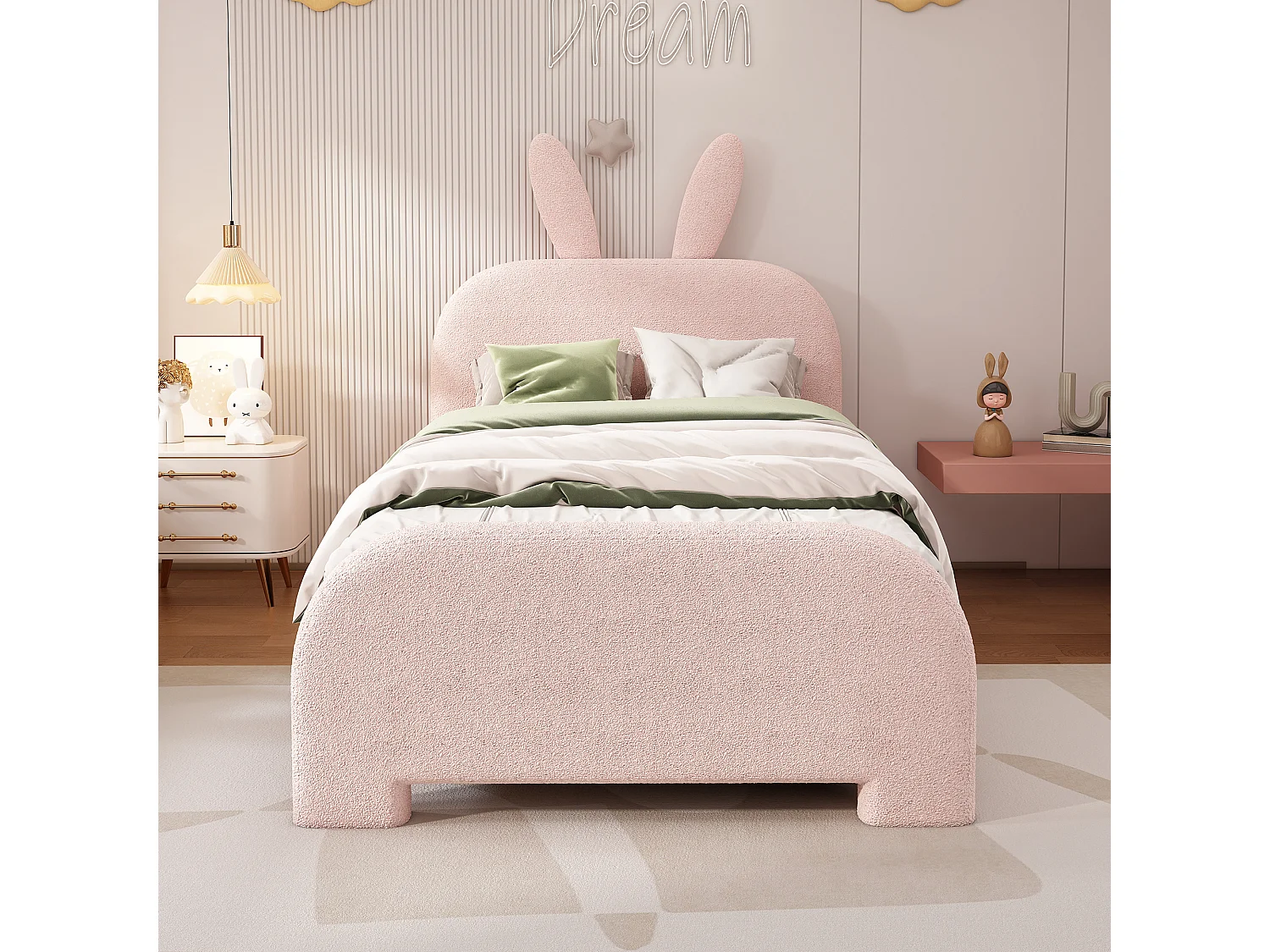 Lit enfant 90x200 cm - Lit simple avec 2 tiroirs de rangement - tête de lit dessin animé - peluche rose