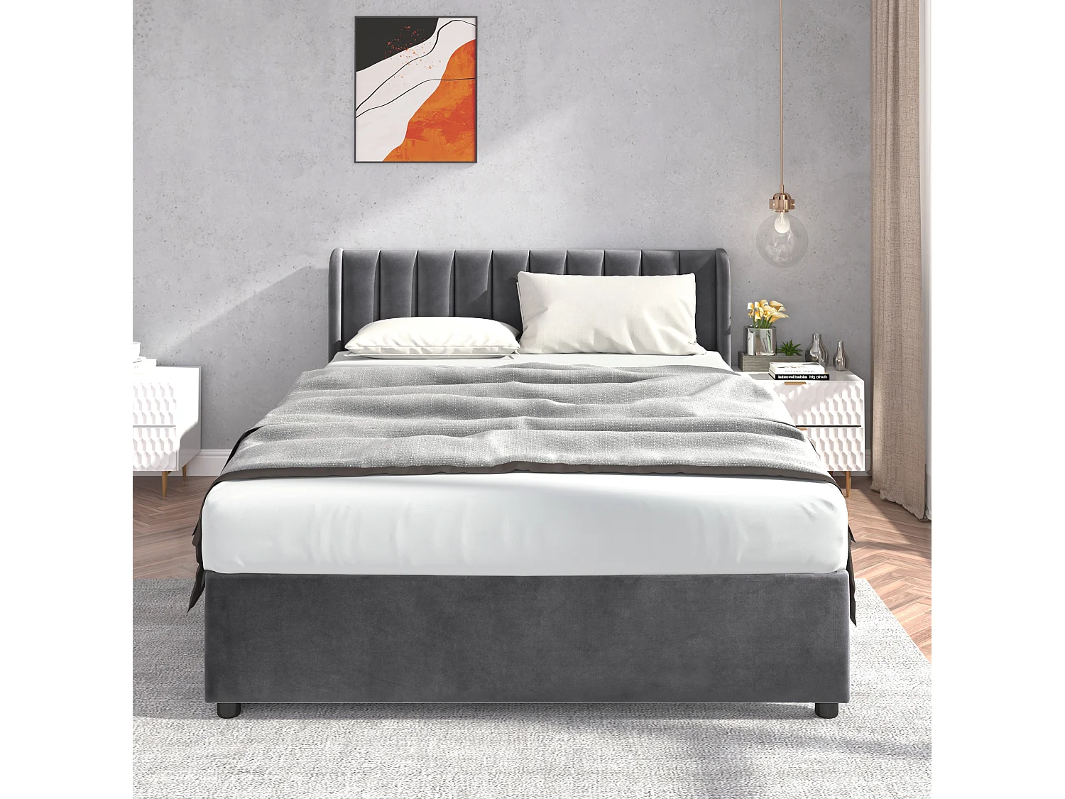 Cama tapizada 160x200 cm - Cama doble con 2 cajones y somier - terciopelo gris - sin colchón