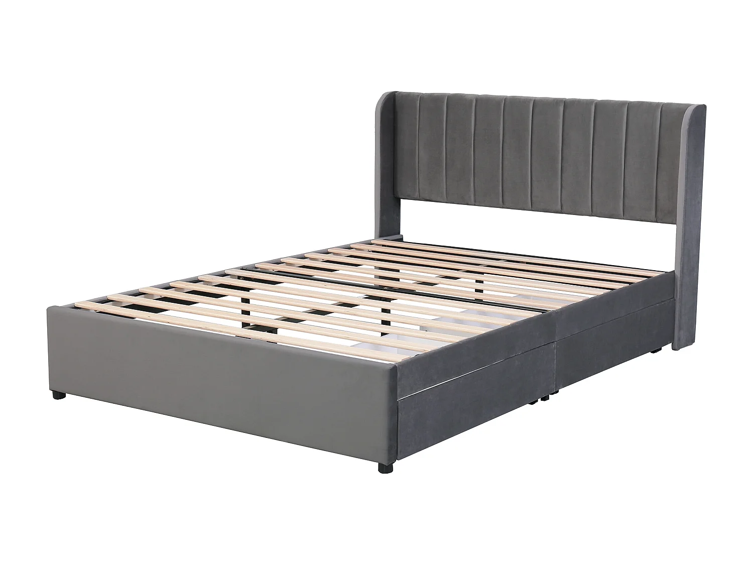 Cama tapizada 160x200 cm - Cama doble con 2 cajones y somier - terciopelo gris - sin colchón