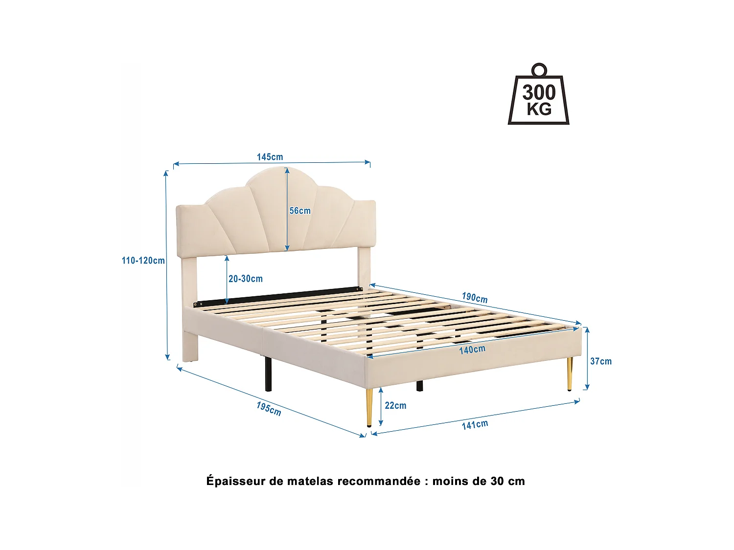 Lit adulte 140x190 cm - Lit double avec tête de lit réglable et sommier à lattes - velours beige