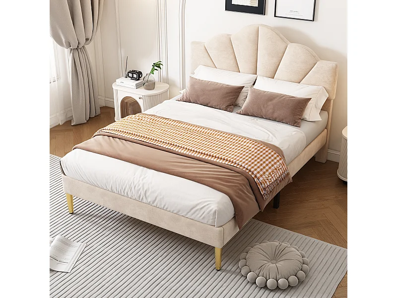 Volwassen bed 140x190 cm - Tweepersoonsbed met verstelbaar hoofdeinde en lattenbodem - beige fluweel