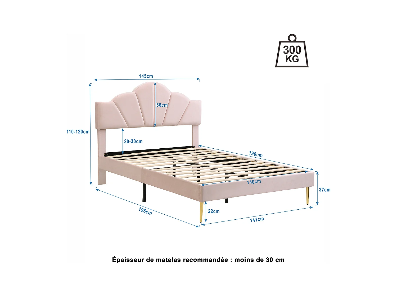 Letto imbottito 140x190 cm - Letto per adulti con testiera regolabile e rete a doghe - velluto rosa