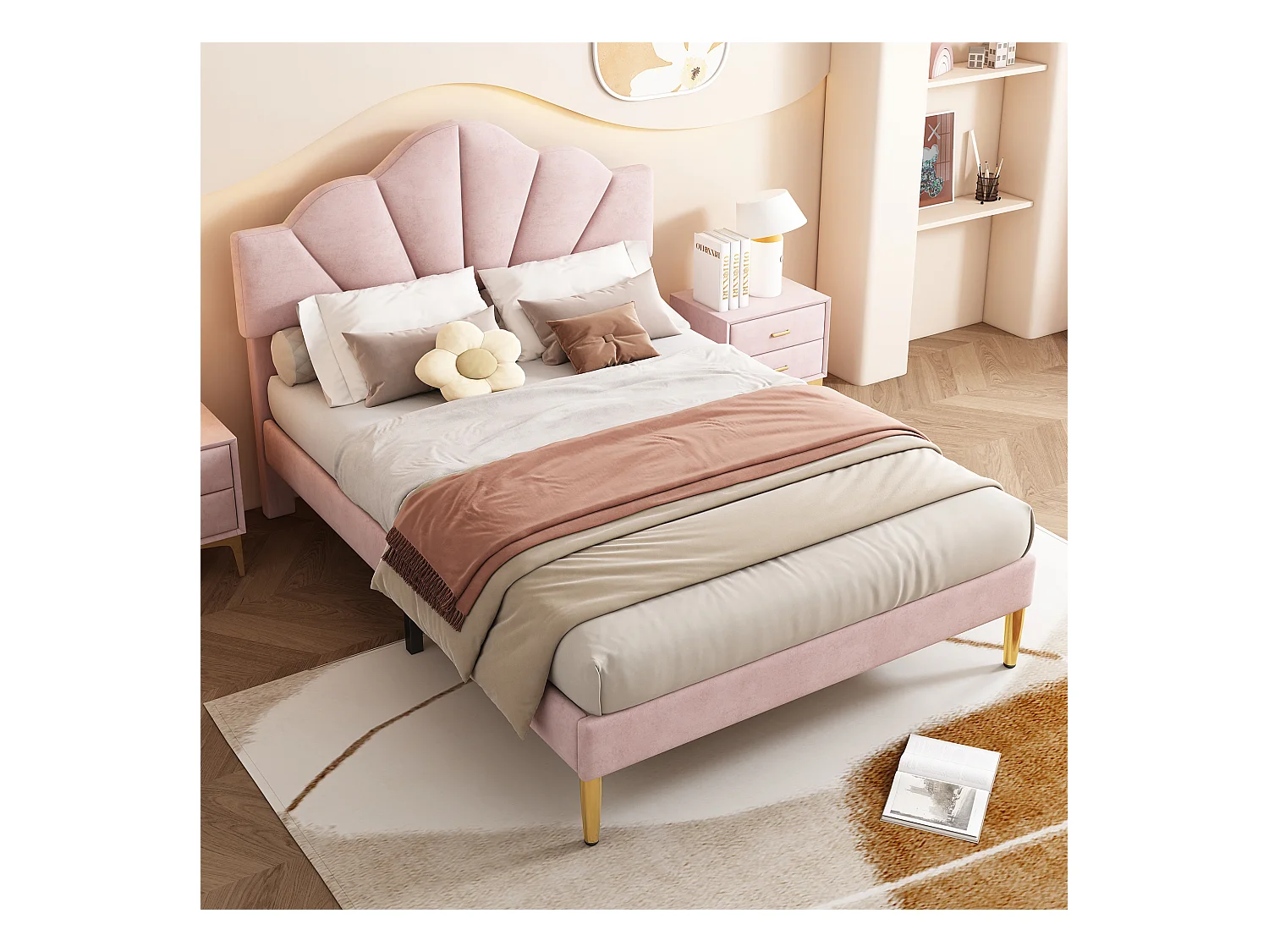 Lit adulte 140x190 cm - Lit double avec tête de lit réglable et sommier à lattes - velours rose