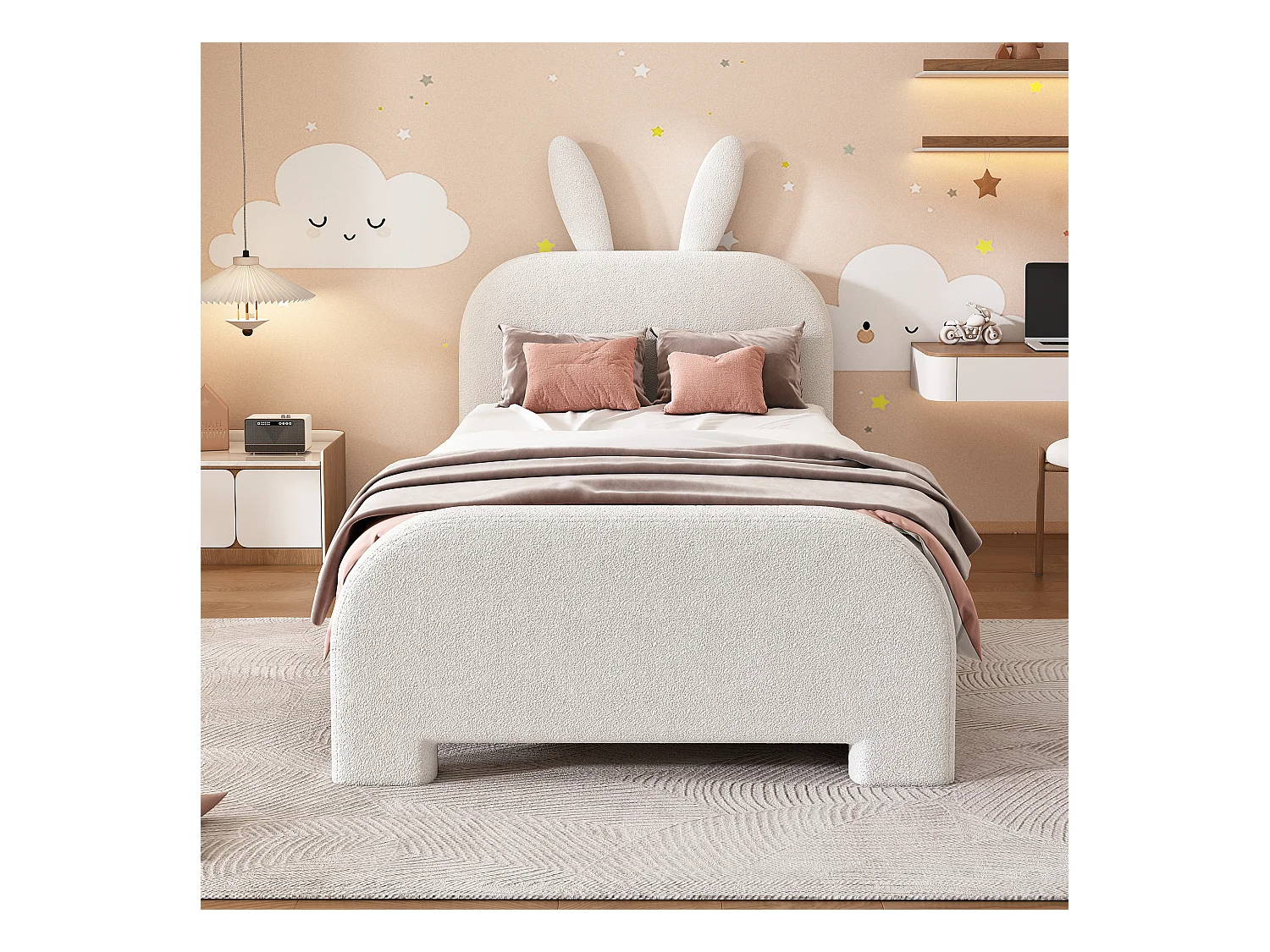 Letto imbottito 90x200 cm - Letto per bambini con 2 cassetti contenitore - testiera cartoon - peluche bianco