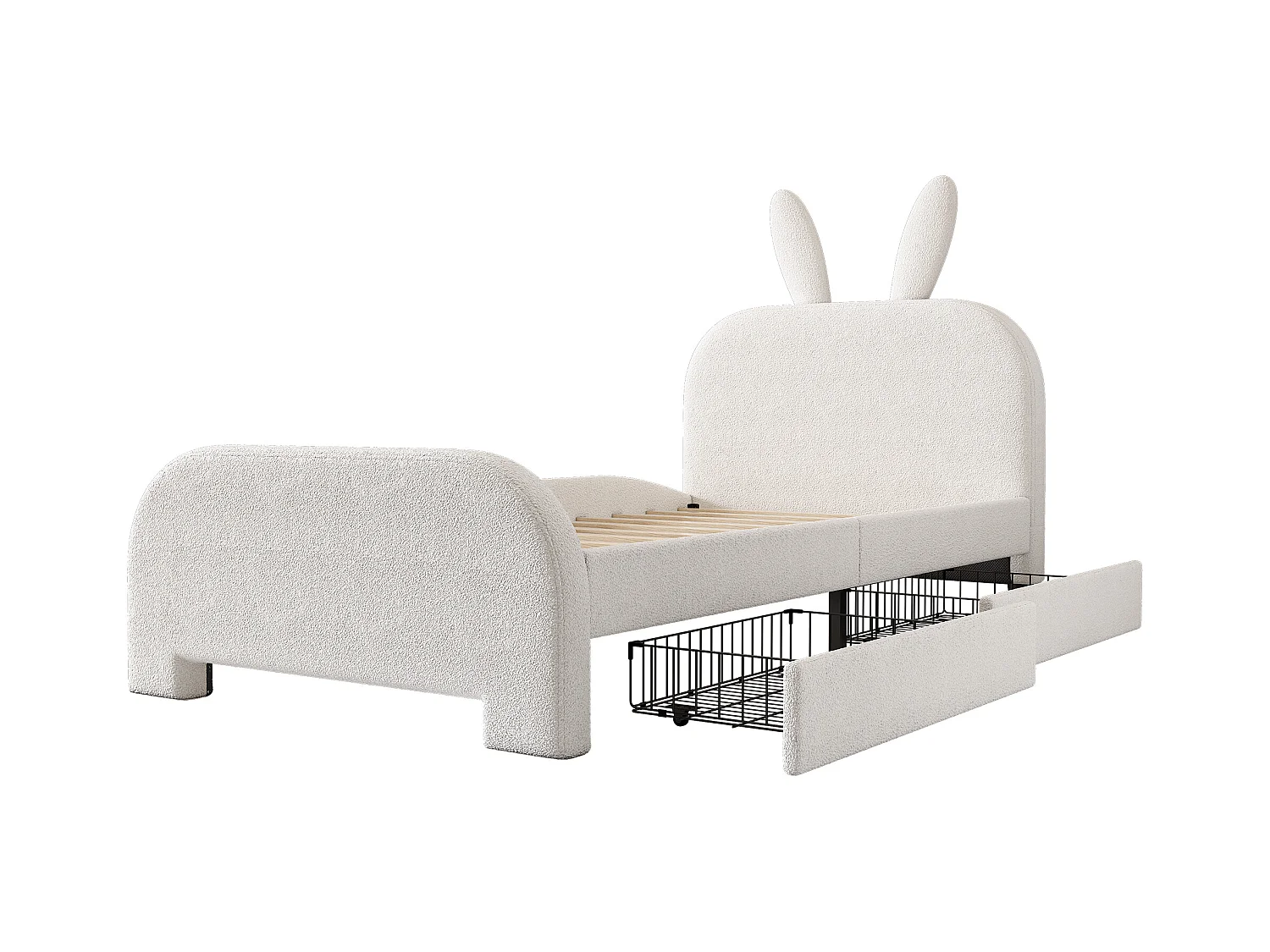 Letto imbottito 90x200 cm - Letto per bambini con 2 cassetti contenitore - testiera cartoon - peluche bianco