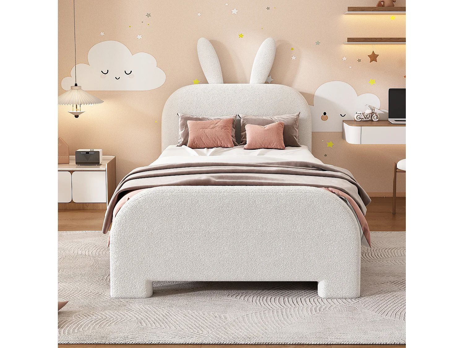 Lit enfant 90x200 cm - Lit ado avec 2 tiroirs de rangement - tête de lit dessin animé - peluche blanc
