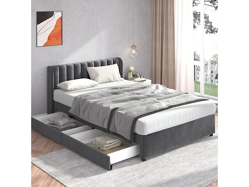 Letto imbottito 140x200 cm - Letto per adulti con 2 cassetti e rete a doghe - velluto grigio - senza materasso