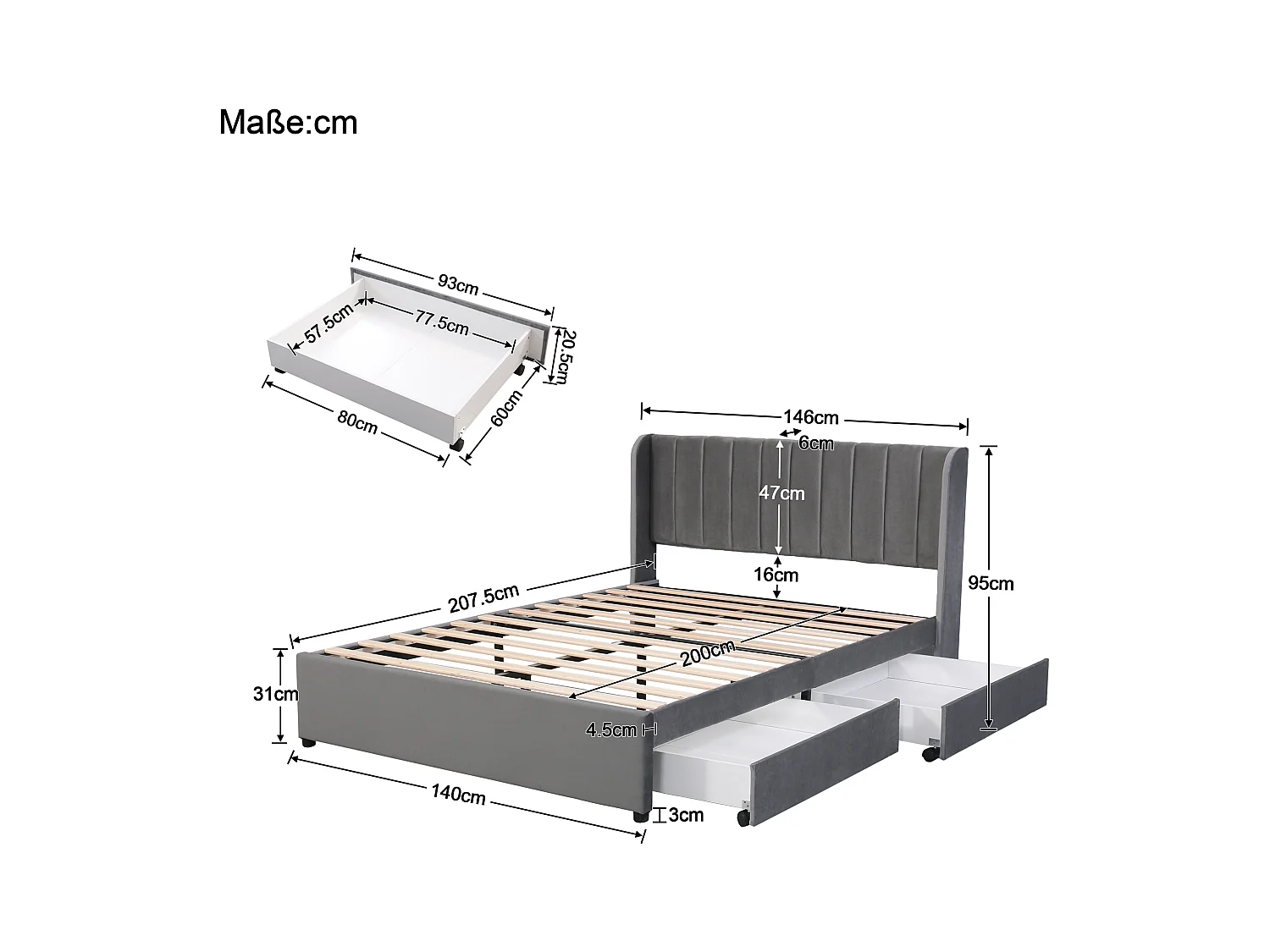 Cama tapizada 140x200 cm - Cama adulto con 2 cajones y somier - terciopelo gris - sin colchón