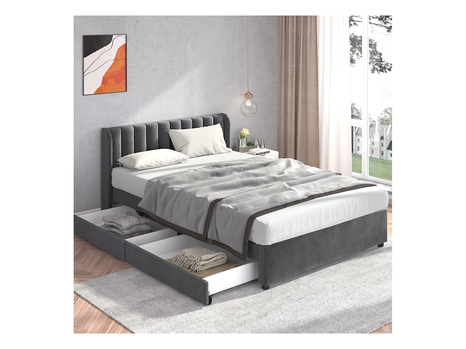 Lit adulte 140x200 cm - Lit double avec 2 tiroirs et sommier à lattes - velours gris - sans matelas