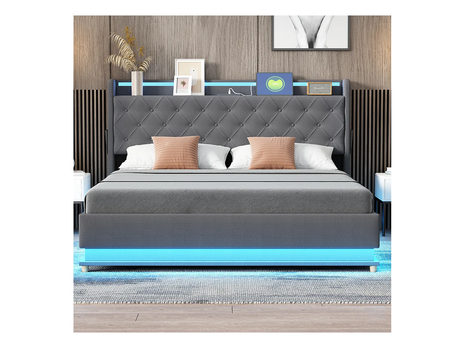 Lit coffre 160x200 cm - Lit adulte avec éclairage LED et recharge USB - lin gris - sans matelas