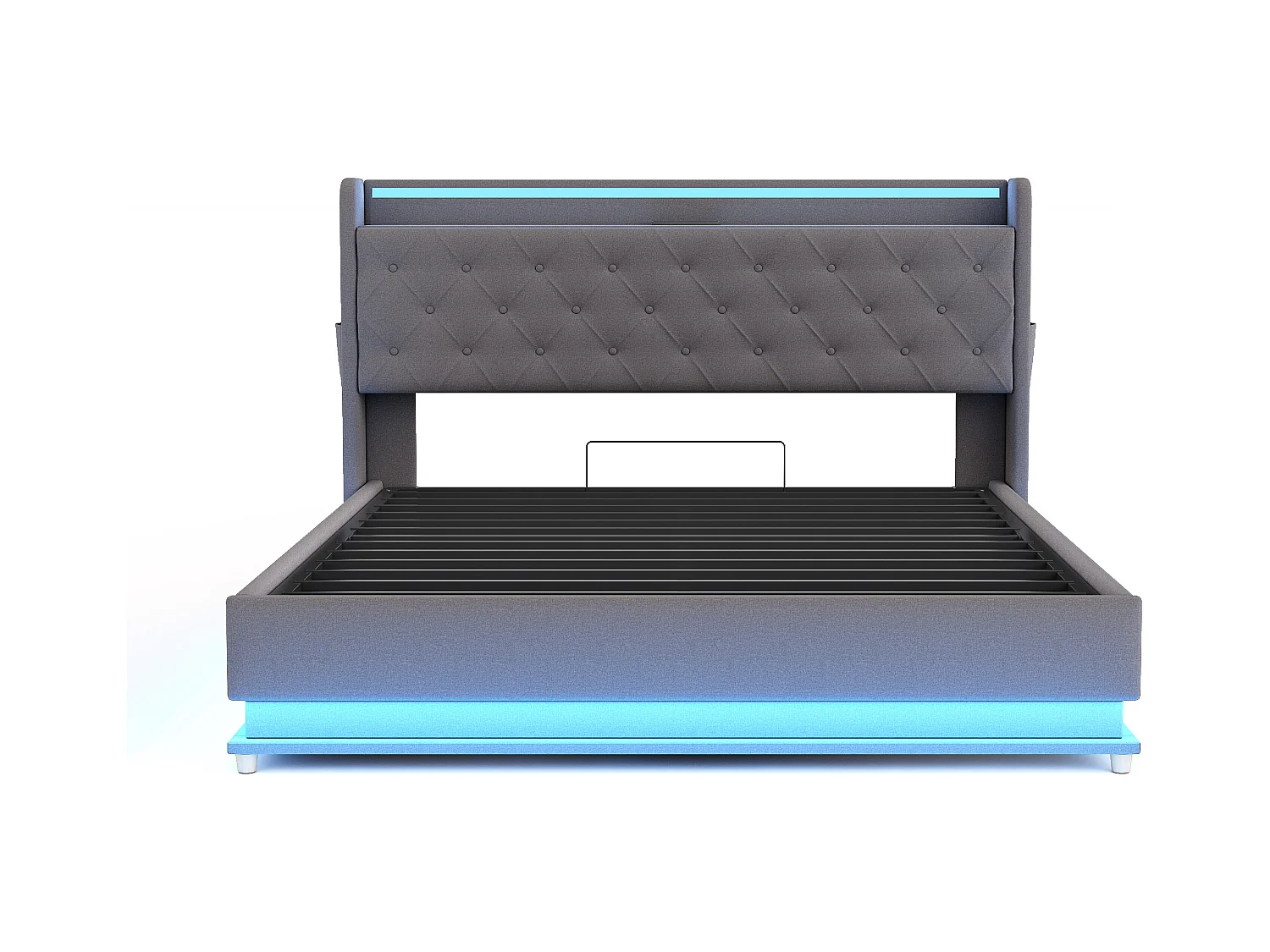 Lit coffre 160x200 cm - Lit adulte avec éclairage LED et recharge USB - lin gris - sans matelas