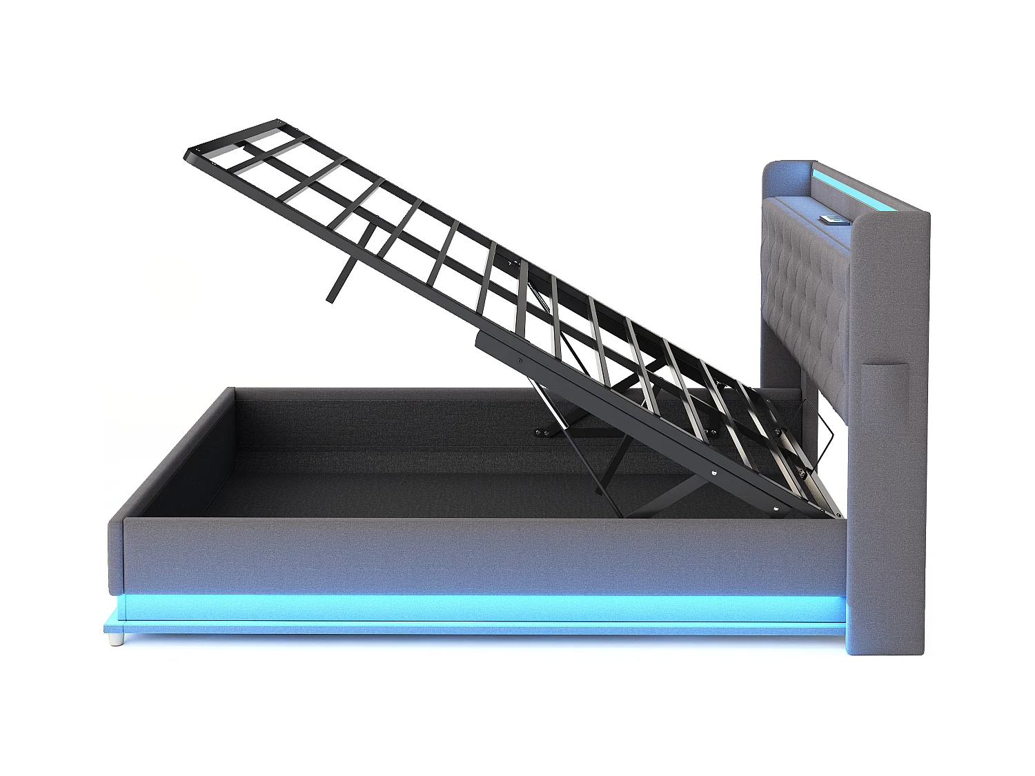 Lit coffre 160x200 cm - Lit adulte avec éclairage LED et recharge USB - lin gris - sans matelas