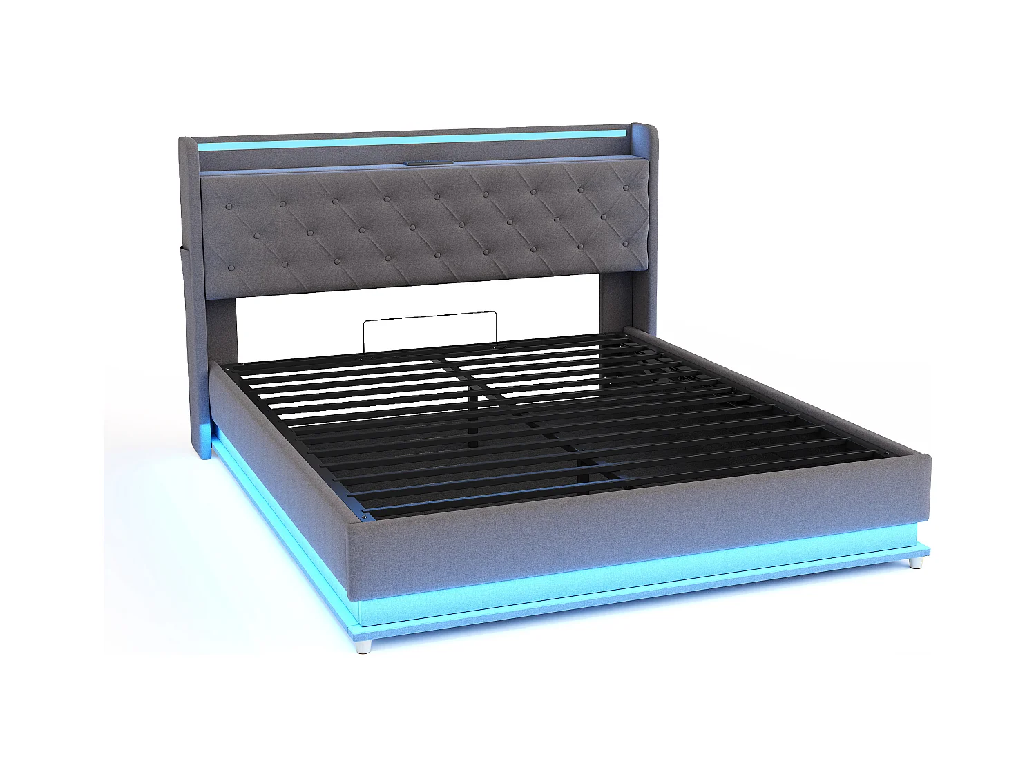 Lit coffre 160x200 cm - Lit adulte avec éclairage LED et recharge USB - lin gris - sans matelas