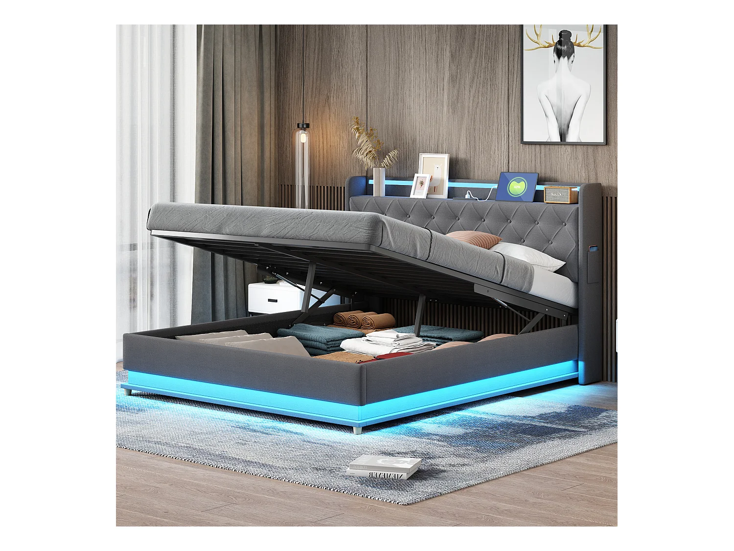 Lit coffre 160x200 cm - Lit adulte avec éclairage LED et recharge USB - lin gris - sans matelas