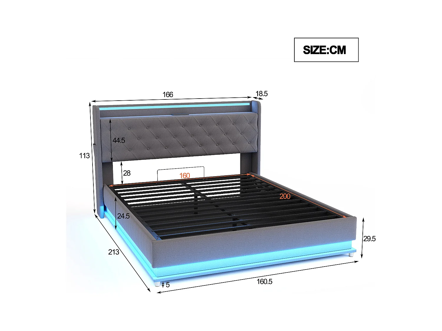 Lit coffre 160x200 cm - Lit adulte avec éclairage LED et recharge USB - lin gris - sans matelas