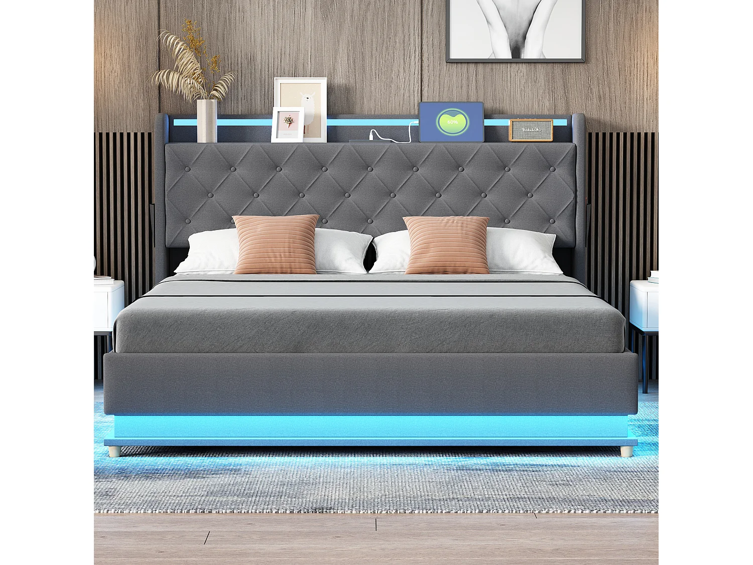 Lit coffre 160x200 cm - Lit adulte avec éclairage LED et recharge USB - lin gris - sans matelas