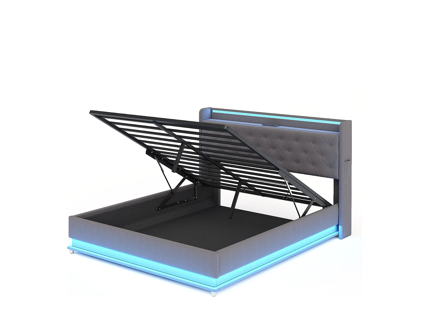 Lit coffre 160x200 cm - Lit adulte avec éclairage LED et recharge USB - lin gris - sans matelas