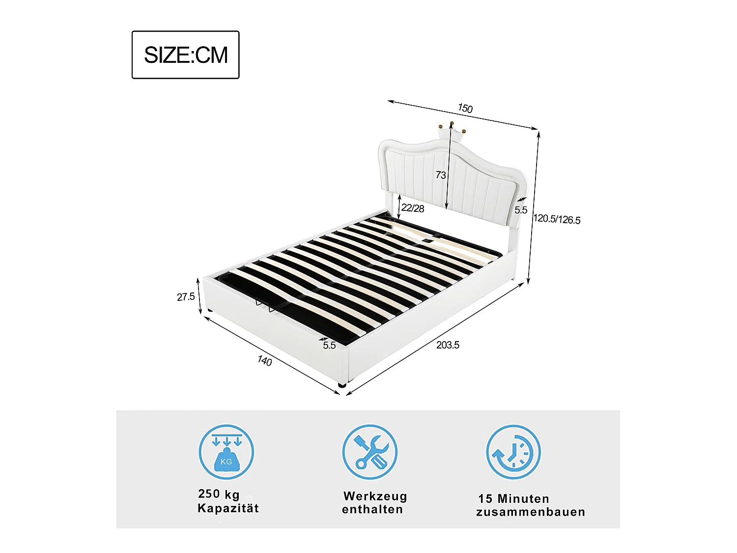 Lit coffre 140x200 cm - Lit enfant avec éclairage LED - tête de lit capitonnée réglable - PU blanc - sans matelas