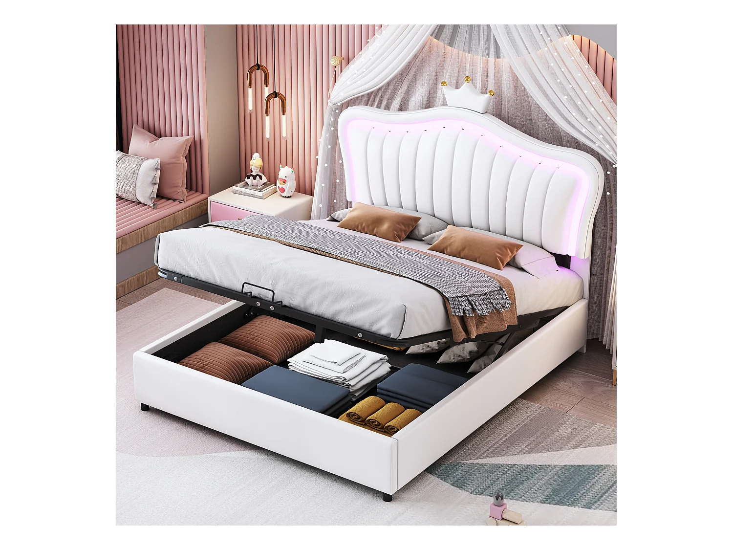 Cama con almacenaje 140x200 cm - Cama infantil con iluminación LED - cabecero acolchado ajustable - PU blanco - sin colchón