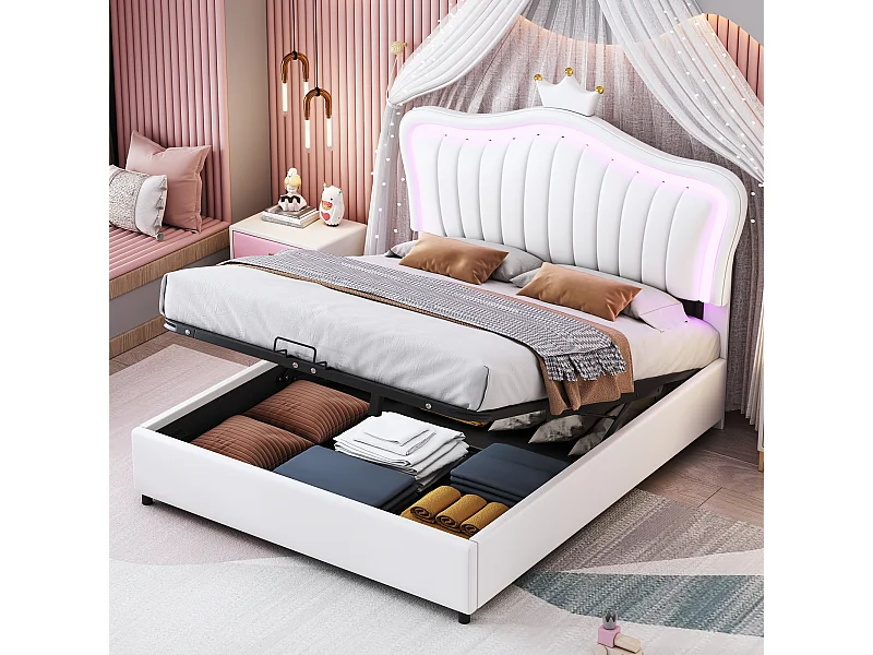 Lit coffre 140x200 cm - Lit enfant avec éclairage LED - tête de lit capitonnée réglable - PU blanc - sans matelas