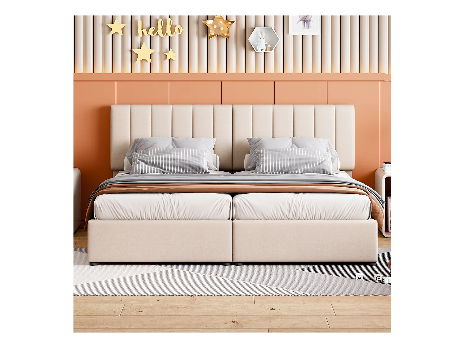 Opbergbed 180x200 cm - Volwassen bed met verstelbaar hoofdeinde en lattenbodem - beige linnen - zonder matras