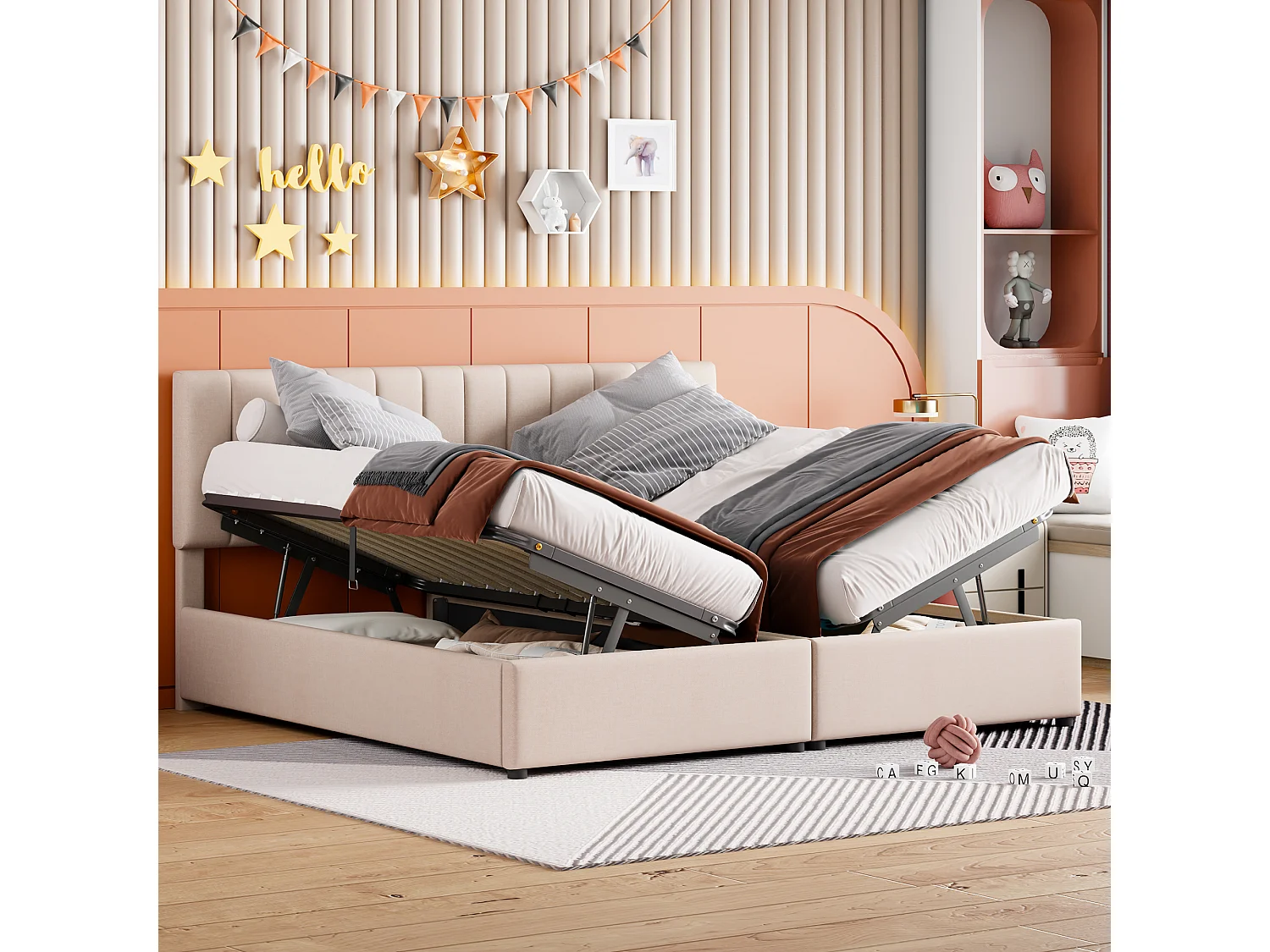 Opbergbed 180x200 cm - Volwassen bed met verstelbaar hoofdeinde en lattenbodem - beige linnen - zonder matras