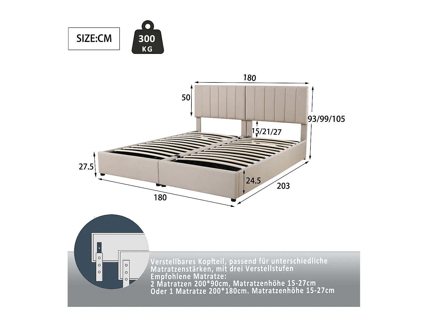 Opbergbed 180x200 cm - Volwassen bed met verstelbaar hoofdeinde en lattenbodem - beige linnen - zonder matras