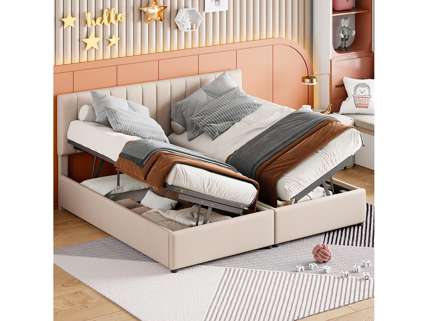 Lit coffre 180x200 cm - Lit adulte avec tête de lit réglable et sommier à lattes - lin beige - sans matelas