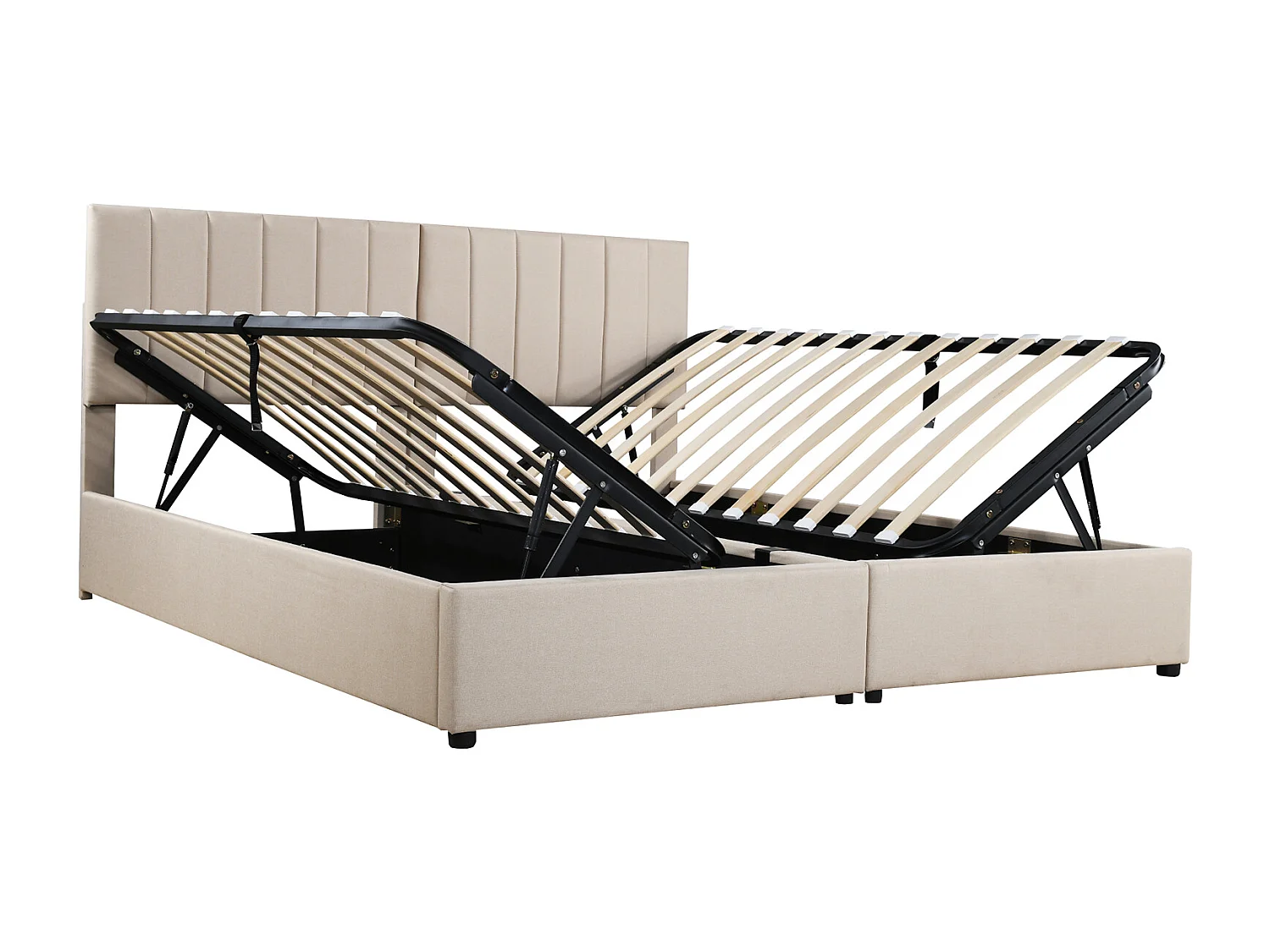 Lit coffre 180x200 cm - Lit adulte avec tête de lit réglable et sommier à lattes - lin beige - sans matelas