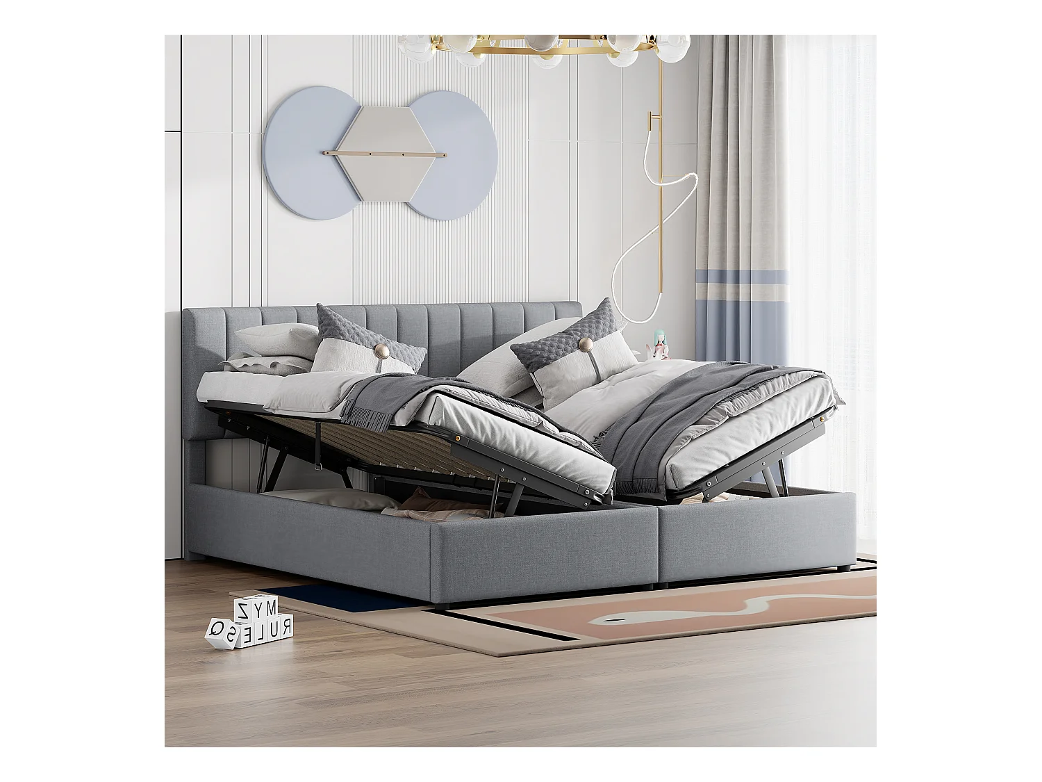 Lit coffre 180x200 cm - Lit adulte avec tête de lit réglable et sommier à lattes - lin gris - sans matelas