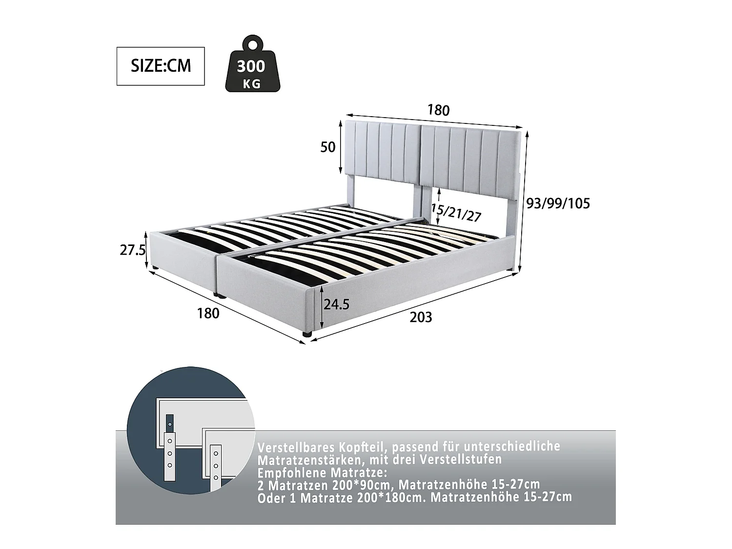 Lit coffre 180x200 cm - Lit adulte avec tête de lit réglable et sommier à lattes - lin gris - sans matelas