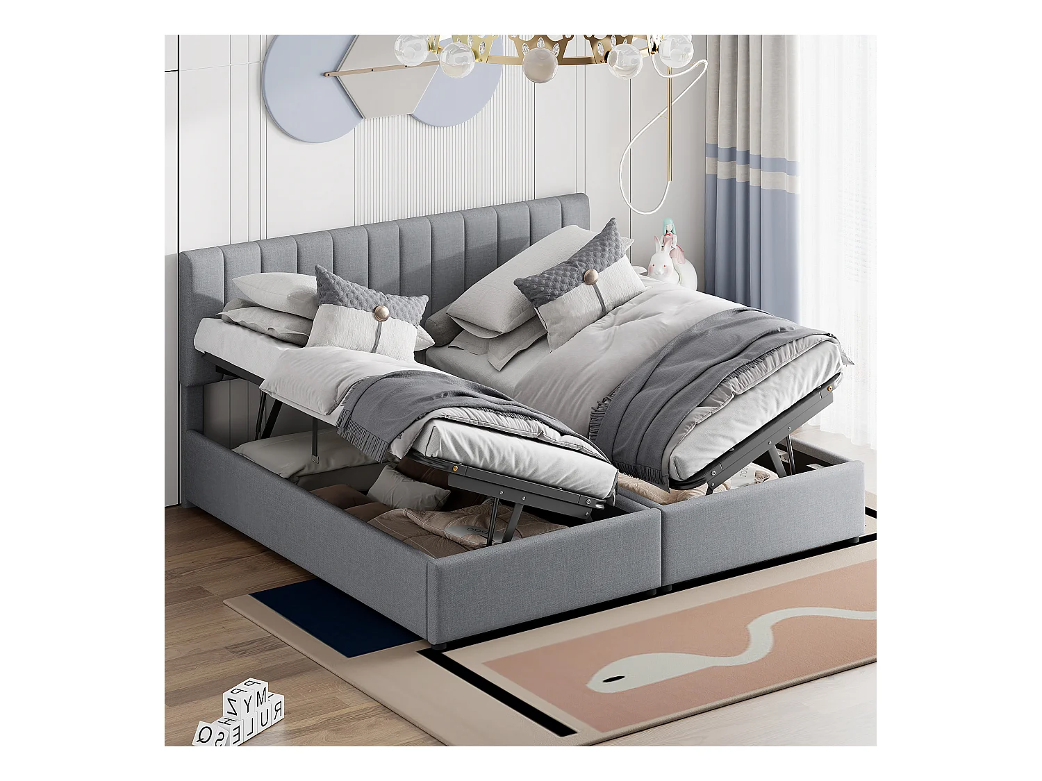 Letto contenitore 180x200 cm - Letto imbottito con testiera regolabile e rete a doghe - lino grigio - senza materasso