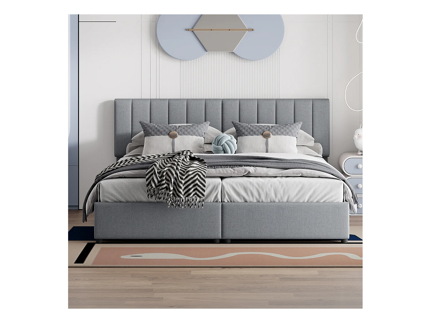 Lit coffre 180x200 cm - Lit adulte avec tête de lit réglable et sommier à lattes - lin gris - sans matelas