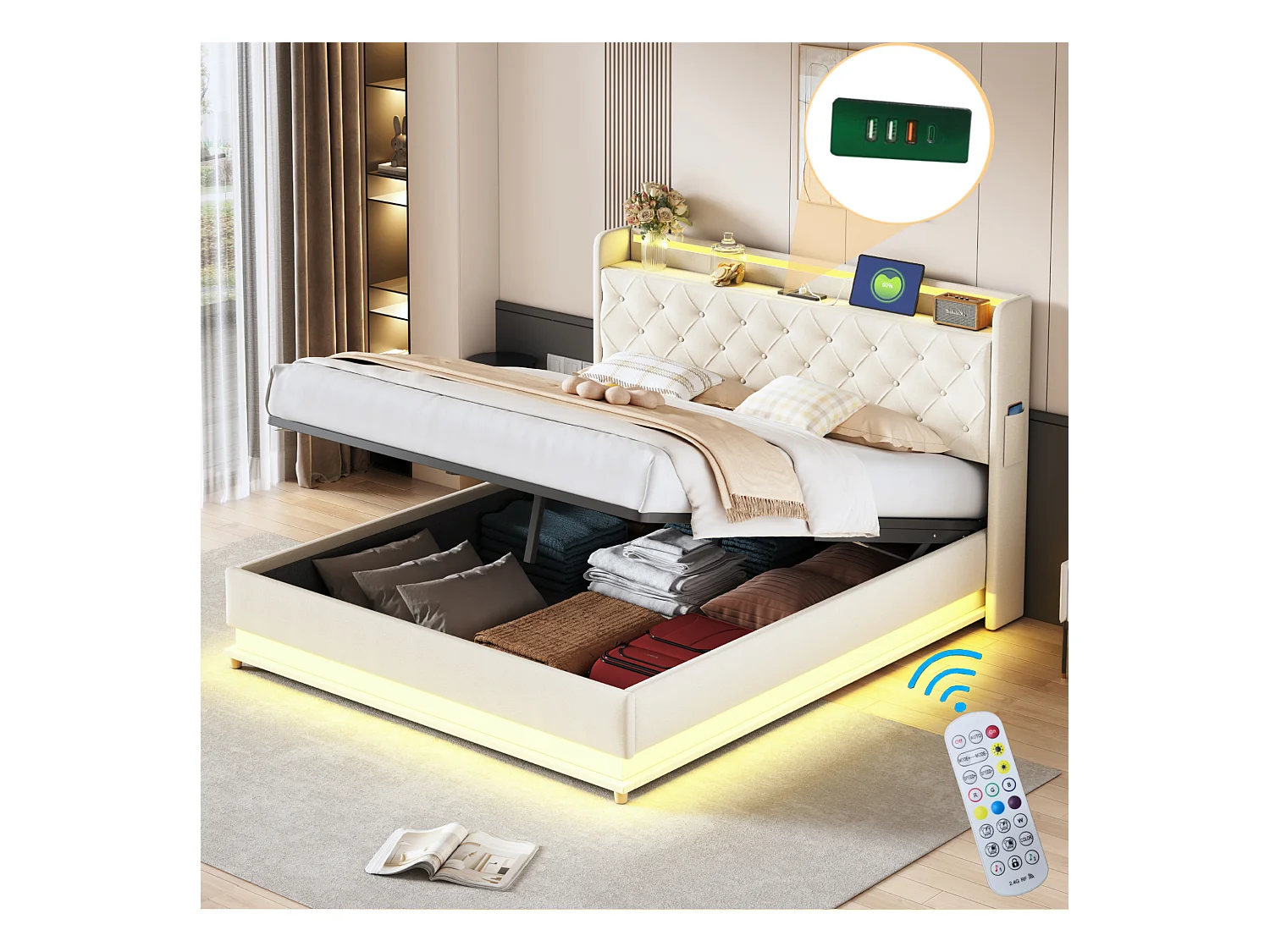 Letto contenitore 160x200 cm - Letto per adulti con illuminazione a LED e ricarica USB - lino beige - senza materasso
