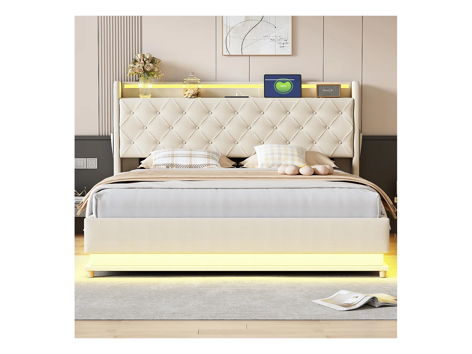 Letto contenitore 160x200 cm - Letto per adulti con illuminazione a LED e ricarica USB - lino beige - senza materasso