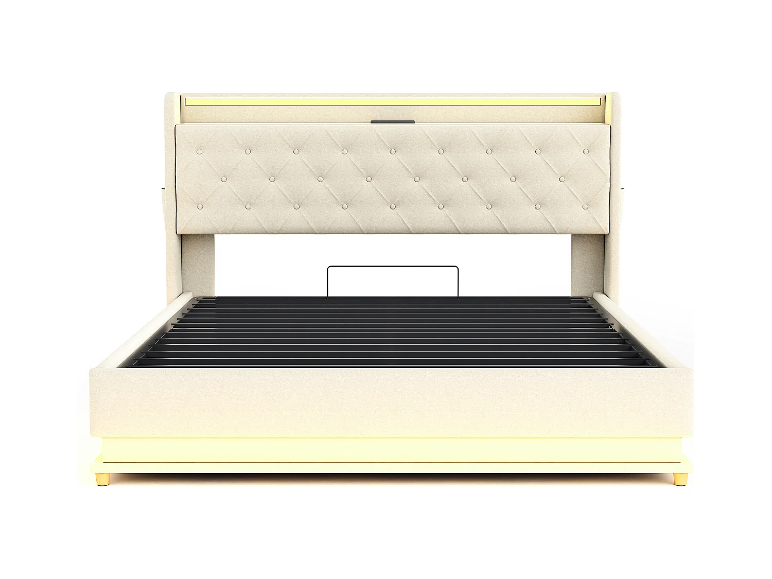 Letto contenitore 160x200 cm - Letto per adulti con illuminazione a LED e ricarica USB - lino beige - senza materasso