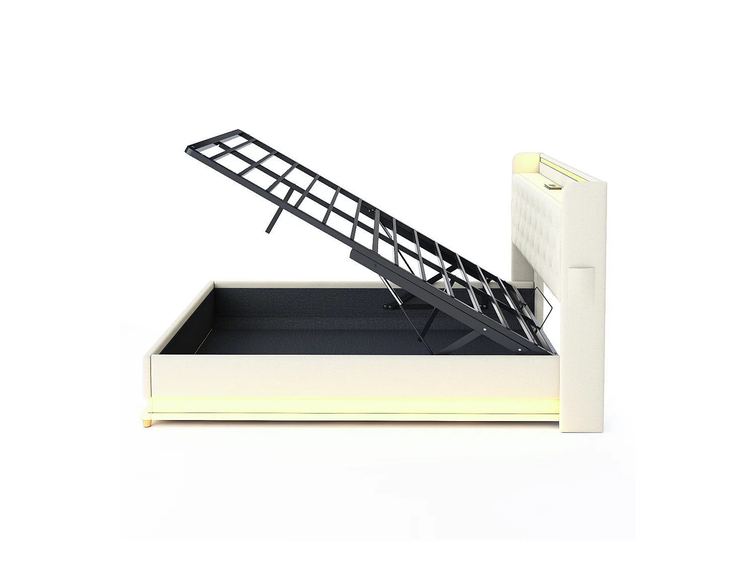 Letto contenitore 160x200 cm - Letto per adulti con illuminazione a LED e ricarica USB - lino beige - senza materasso