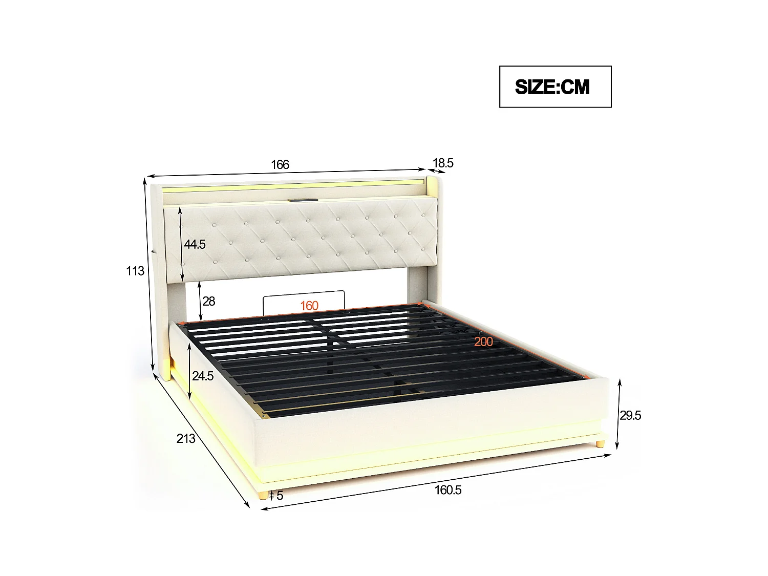 Lit coffre 160x200 cm - Lit adulte avec éclairage LED et recharge USB - lin beige - sans matelas