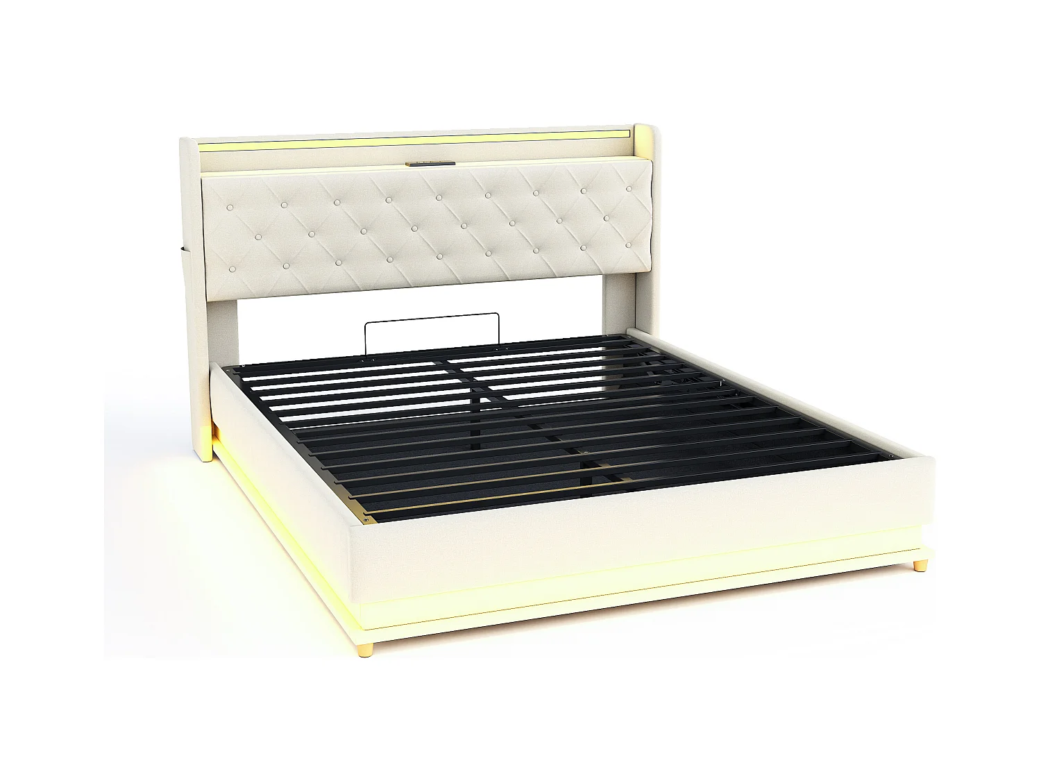 Lit coffre 160x200 cm - Lit adulte avec éclairage LED et recharge USB - lin beige - sans matelas