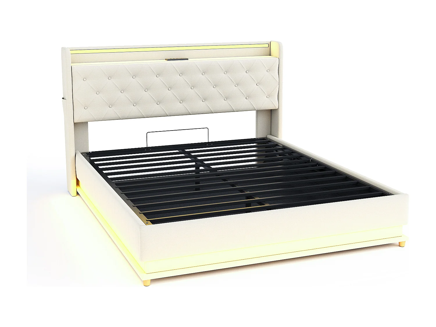 Lit coffre 160x200 cm - Lit adulte avec éclairage LED et recharge USB - lin beige - sans matelas