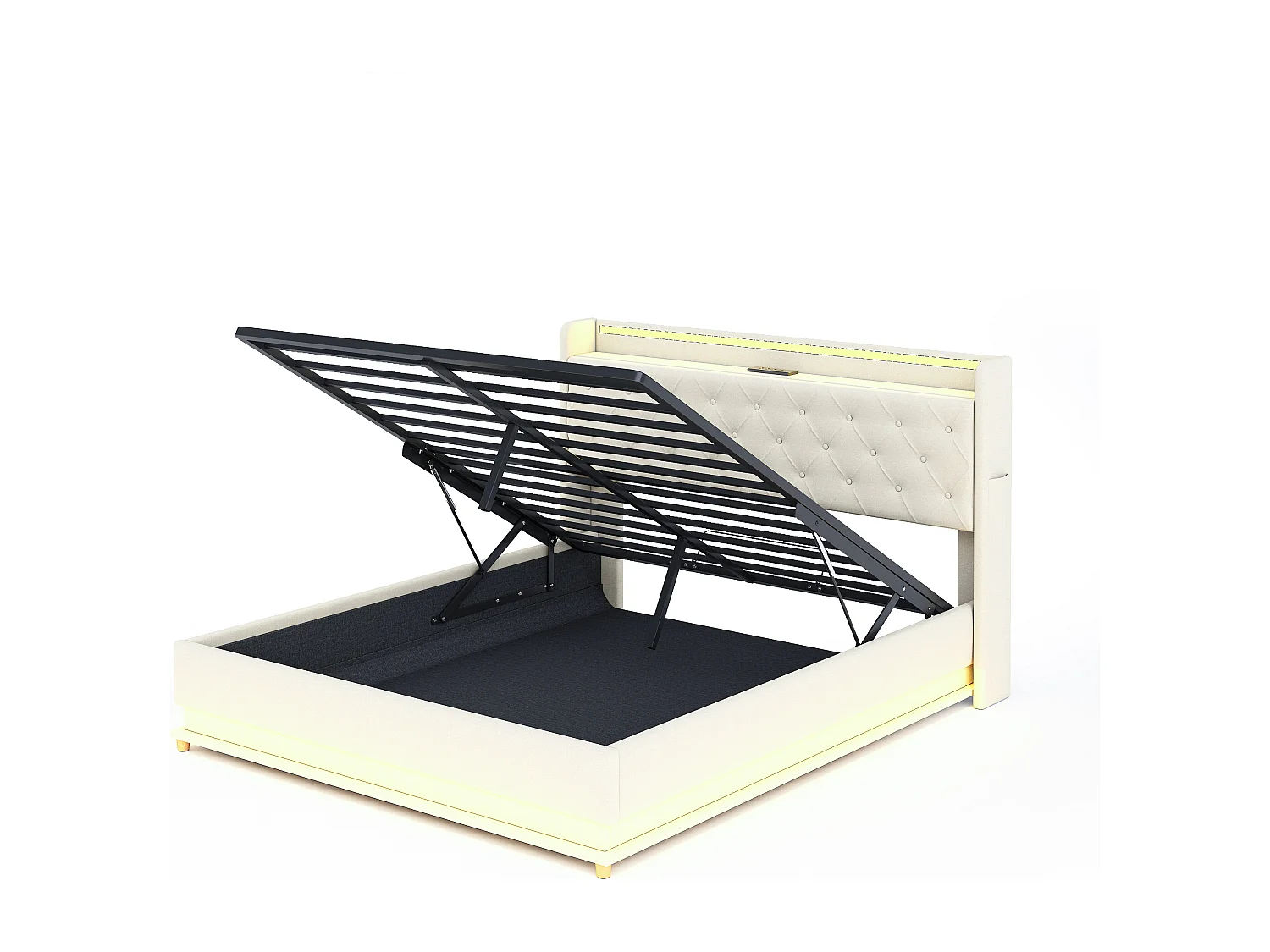 Lit coffre 160x200 cm - Lit adulte avec éclairage LED et recharge USB - lin beige - sans matelas