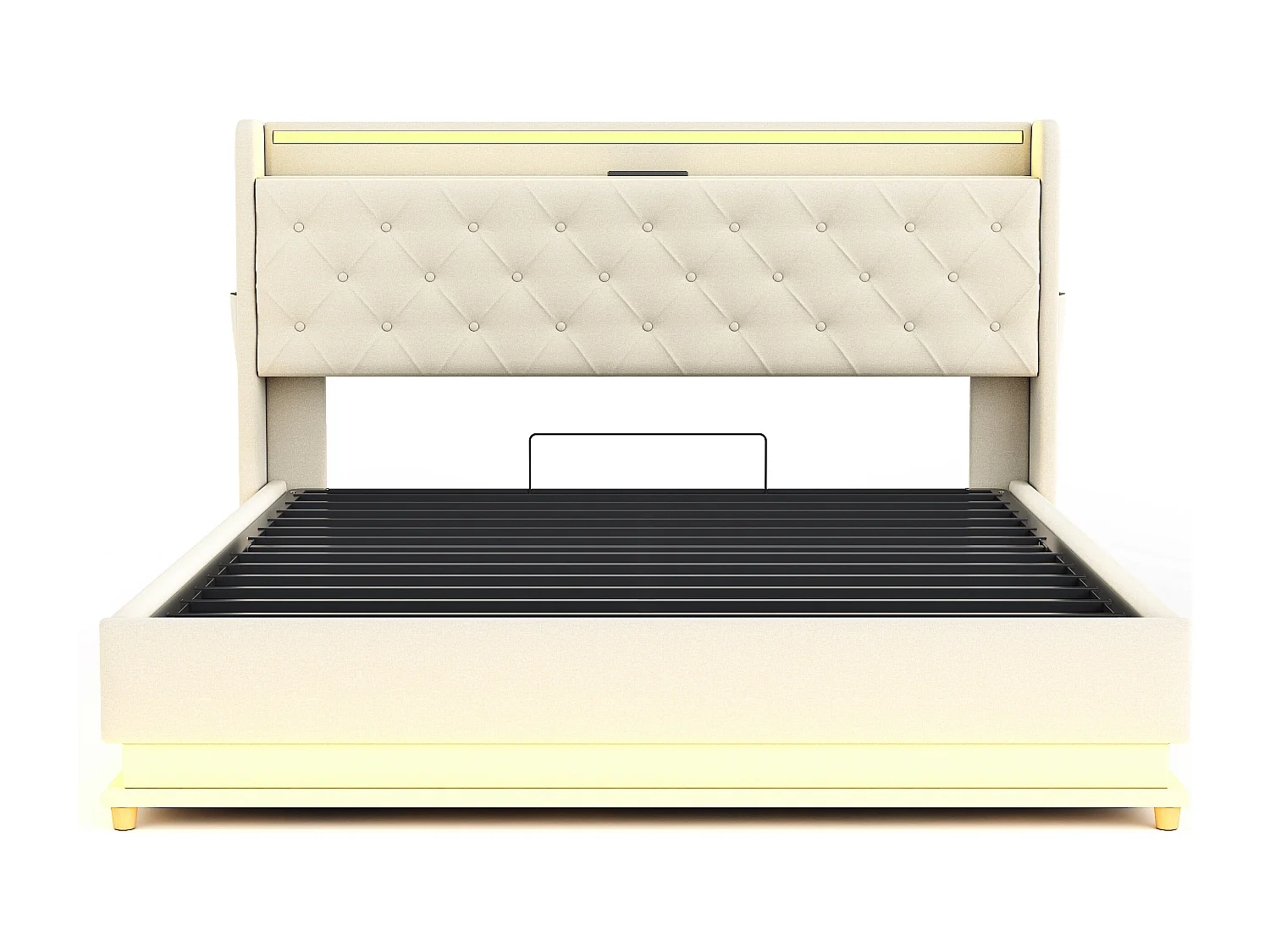 Lit coffre 160x200 cm - Lit adulte avec éclairage LED et recharge USB - lin beige - sans matelas