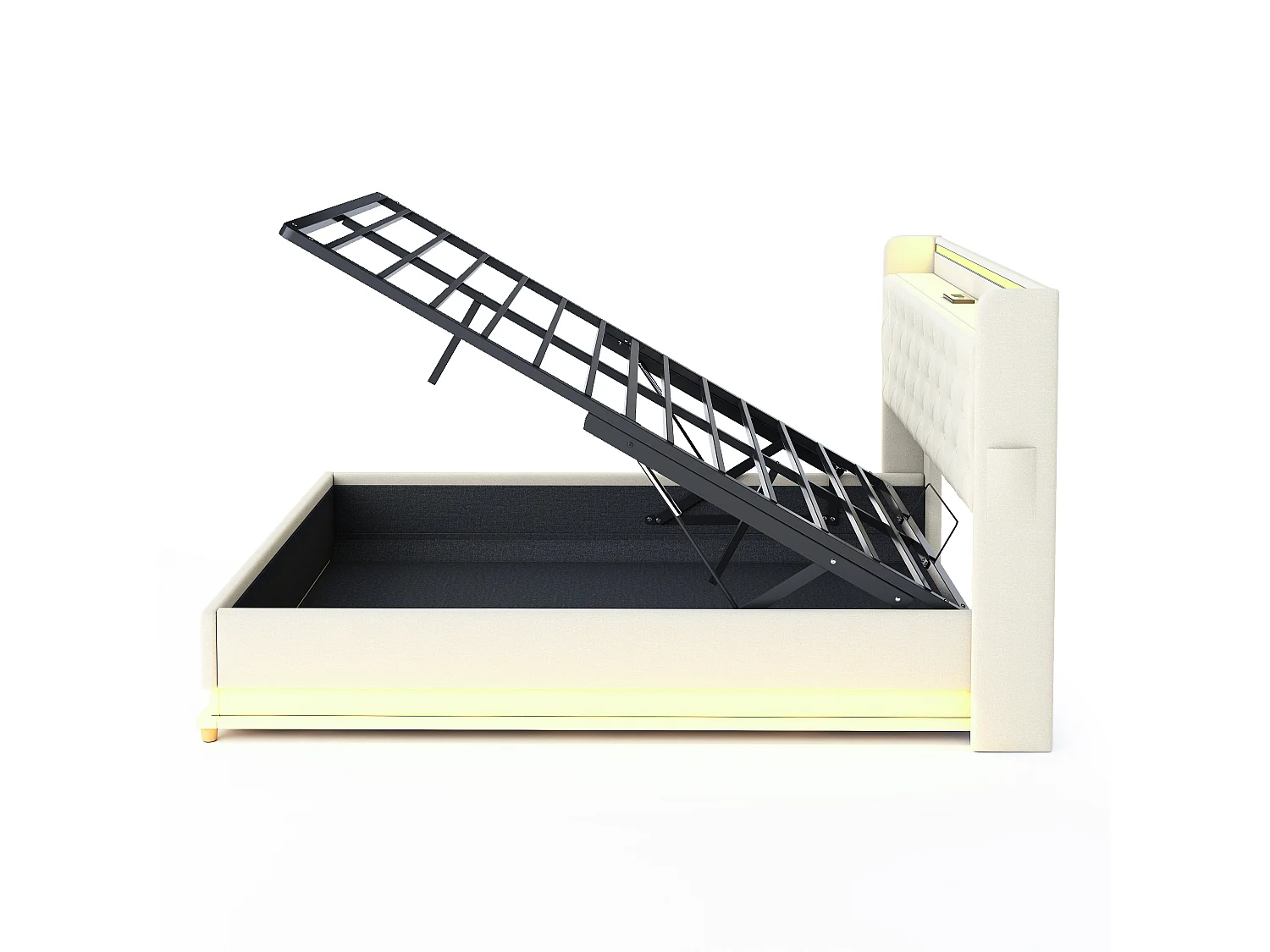Lit coffre 160x200 cm - Lit adulte avec éclairage LED et recharge USB - lin beige - sans matelas
