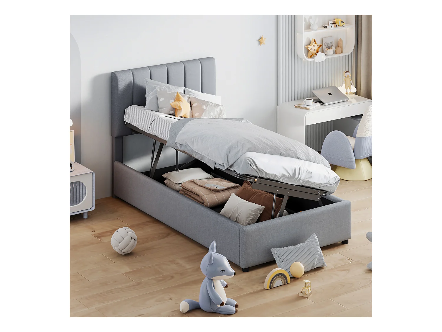 Lit coffre 90x200 cm - Lit enfant avec tête de lit réglable et sommier à lattes - lin gris - sans matelas