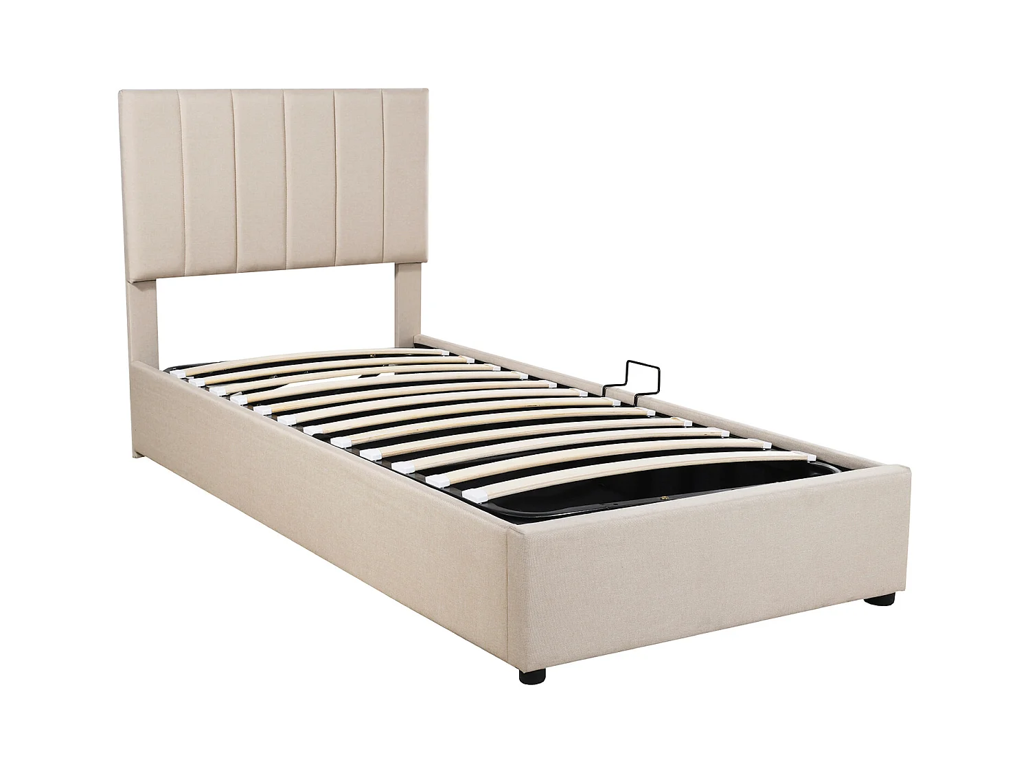 Opbergbed 90x200 cm - Kinderbed met verstelbaar hoofdeinde en lattenbodem - beige linnen - zonder matras