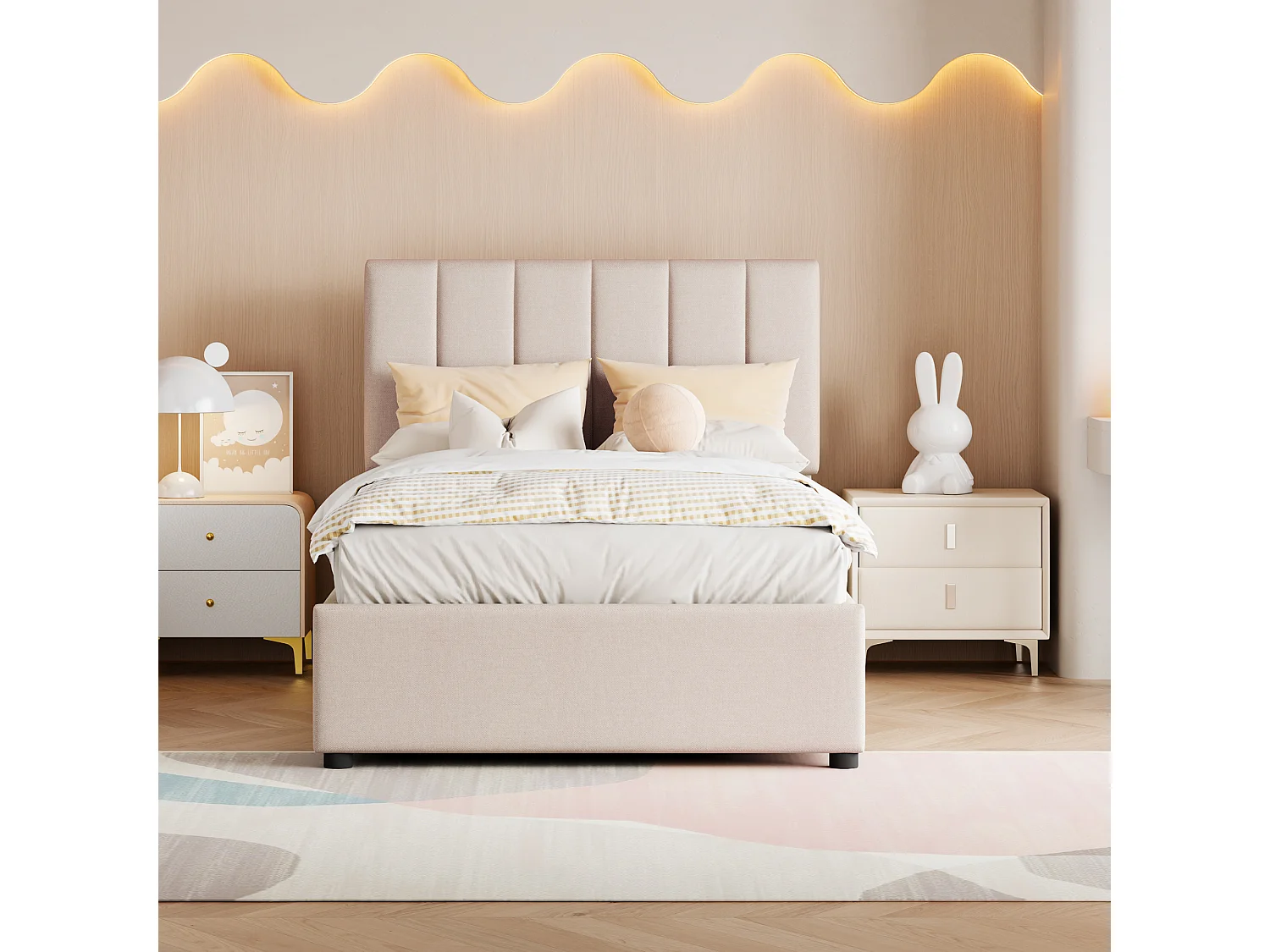 Lit coffre 90x200 cm - Lit enfant avec tête de lit réglable et sommier à lattes - lin beige - sans matelas