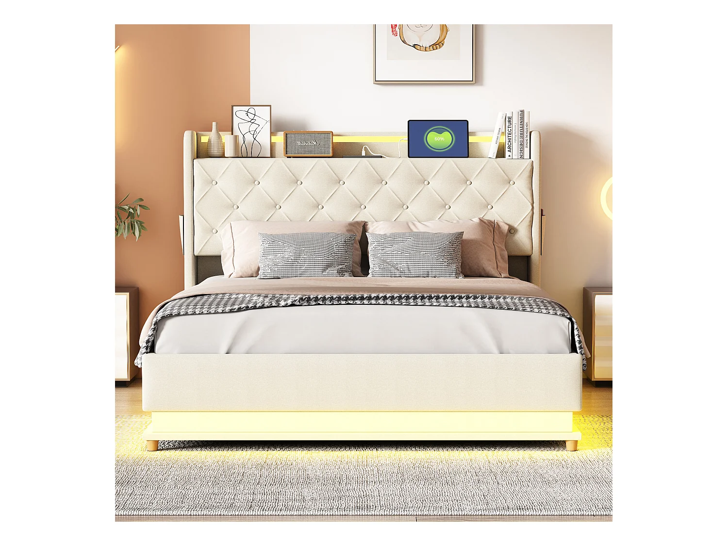 Lit coffre 140x200 cm - Lit adulte avec éclairage LED et recharge USB - lin beige - sans matelas