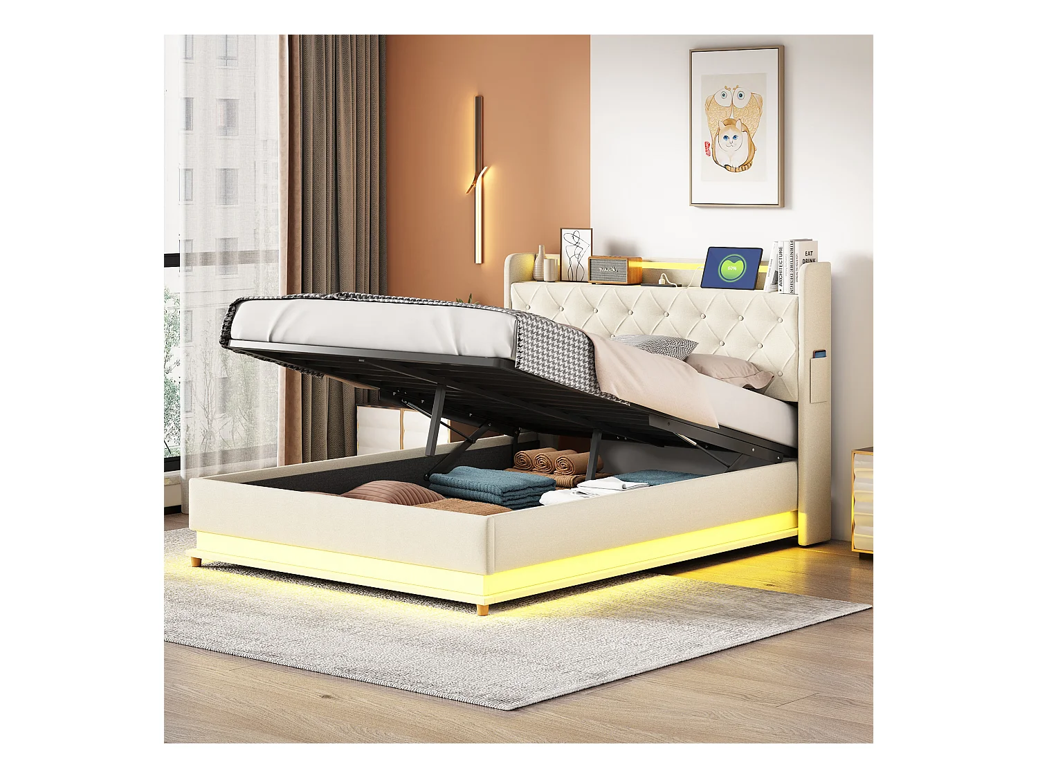 Lit coffre 140x200 cm - Lit adulte avec éclairage LED et recharge USB - lin beige - sans matelas